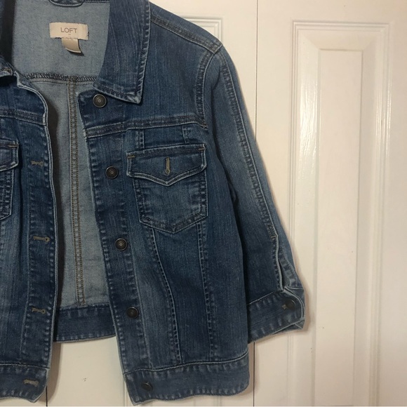LOFT Medium Wash Three Quarter Sleeve Cropped Jean Jacket Medium Blue - Picture 2 of 7